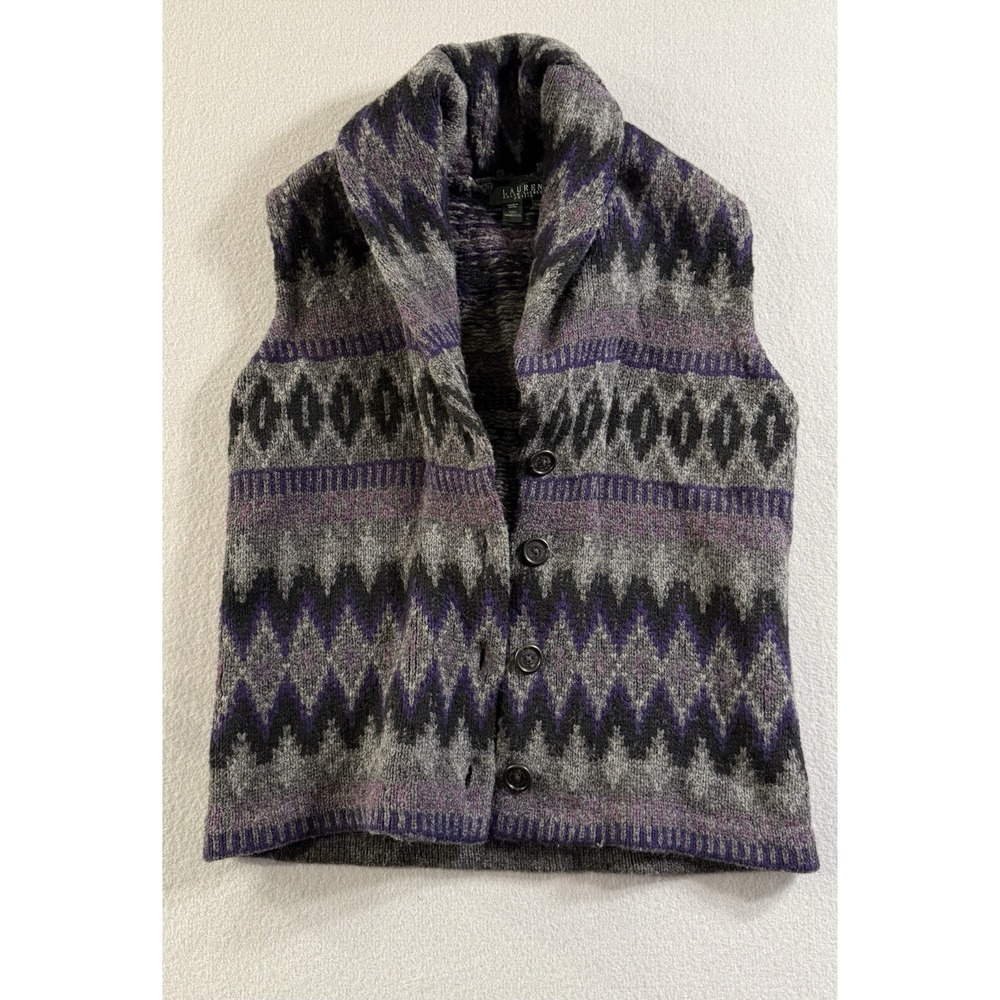 Lauren Ralph Lauren Gray/Purple Aztec Sweater Vest Sz P/M Lambswool Button-Up